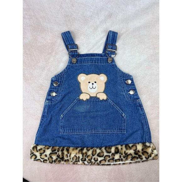 Vintage Y2K Girls 2T Cheetah Print Teddy Bear Jumper Denim Dress - Picture 1 of 6